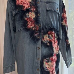 Floral One-of-a-Kind Hand-Painted Denim Dress – Custom Floral Art – Size M/L